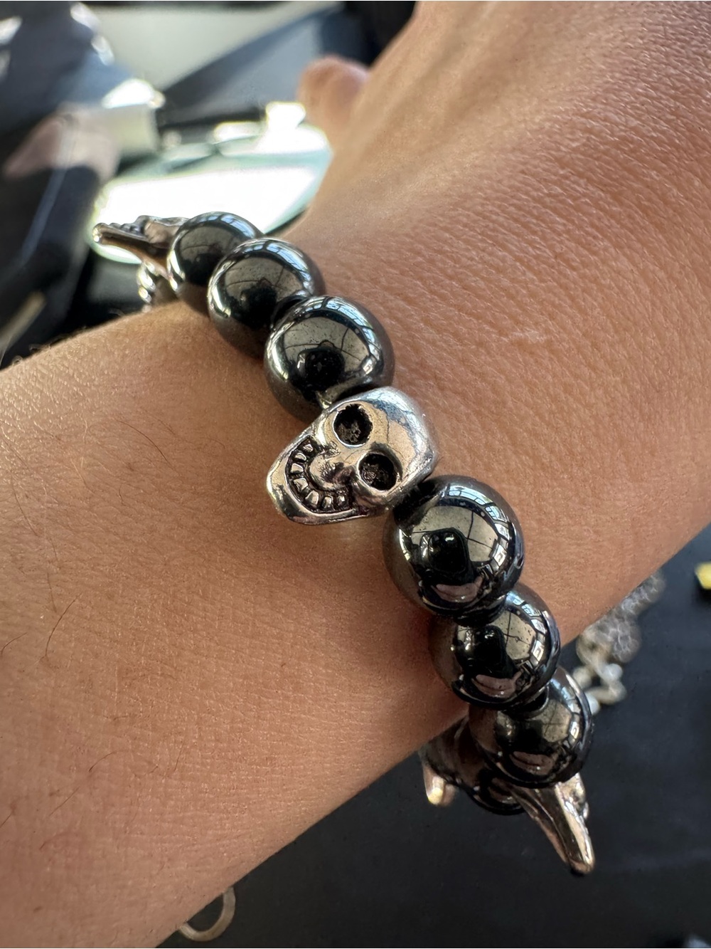 Hematite Bead Bracelet with Silver Skull Accent